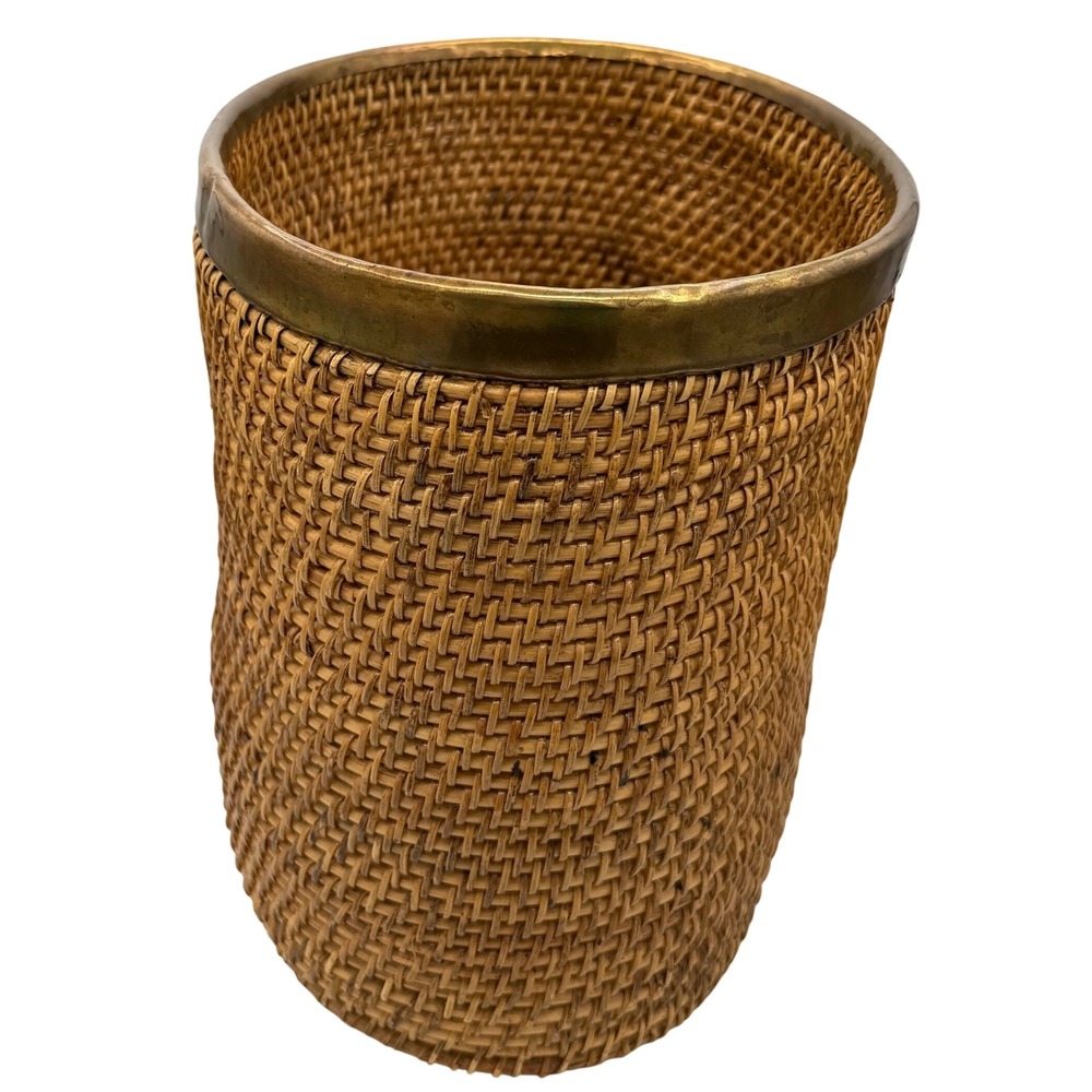 Vintage Mid Century Italian Rattan Oval Wastebasket Brass Rim Planter 12"